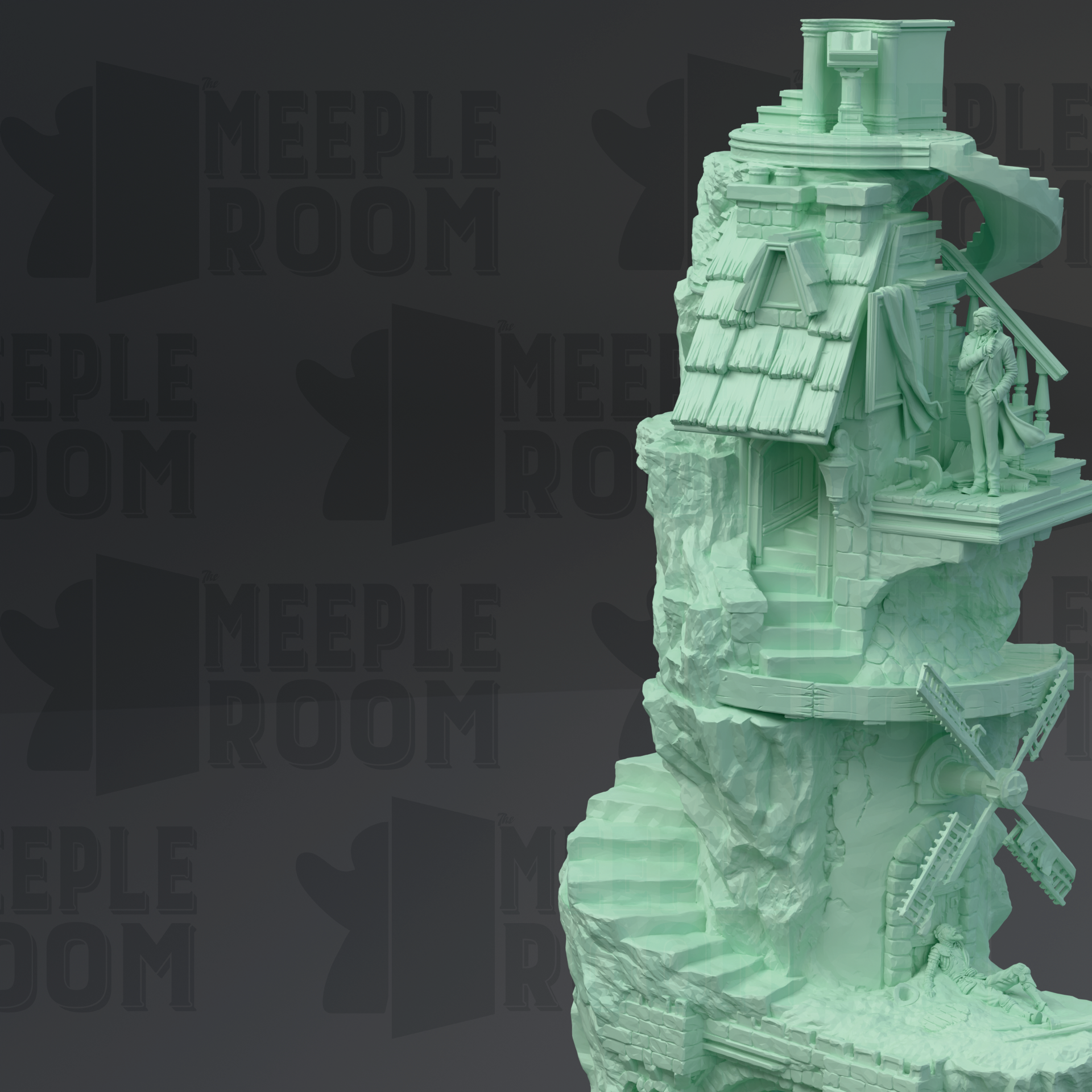 A 3D rendering of a miniature model of a house or tower, with intricate details and a unique design.