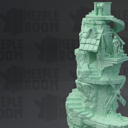 A 3D rendering of a miniature model of a house or tower, with intricate details and a unique design.