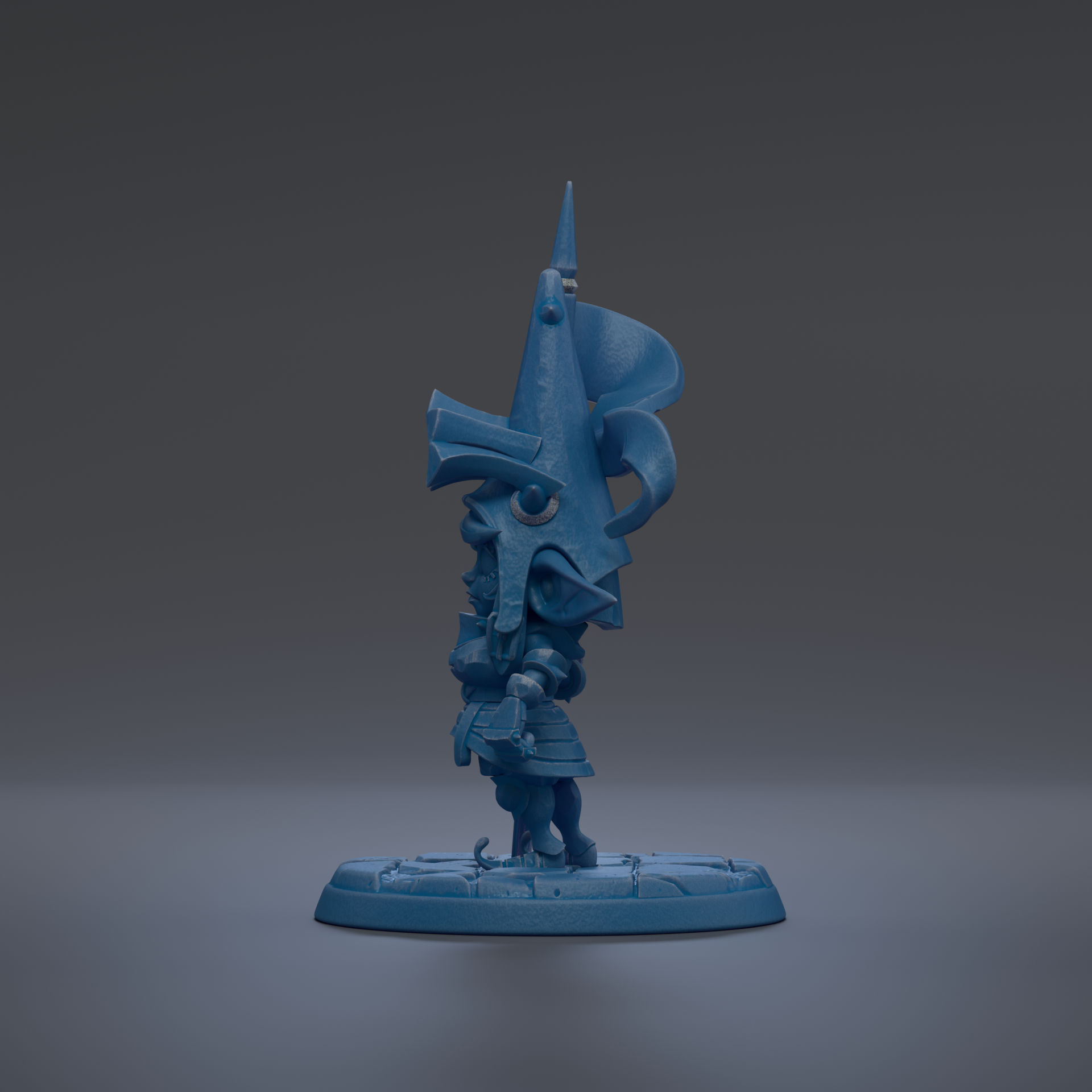 A blue, abstract figurine with a pointed hat and a unique, distorted body stands on a blue base against a dark background.