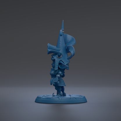 A blue, abstract figurine with a pointed hat and a unique, distorted body stands on a blue base against a dark background.