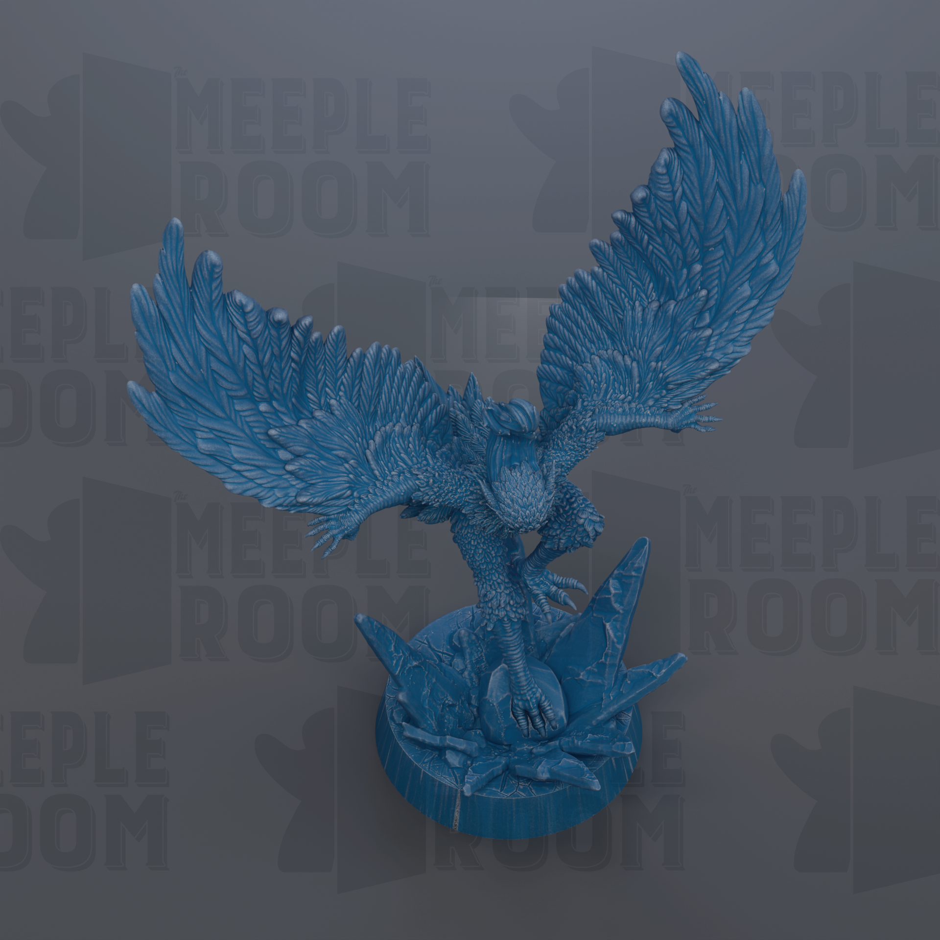 A blue, winged figurine is depicted against a gray background with the text "MEUPLE ROOM" repeated multiple times.
