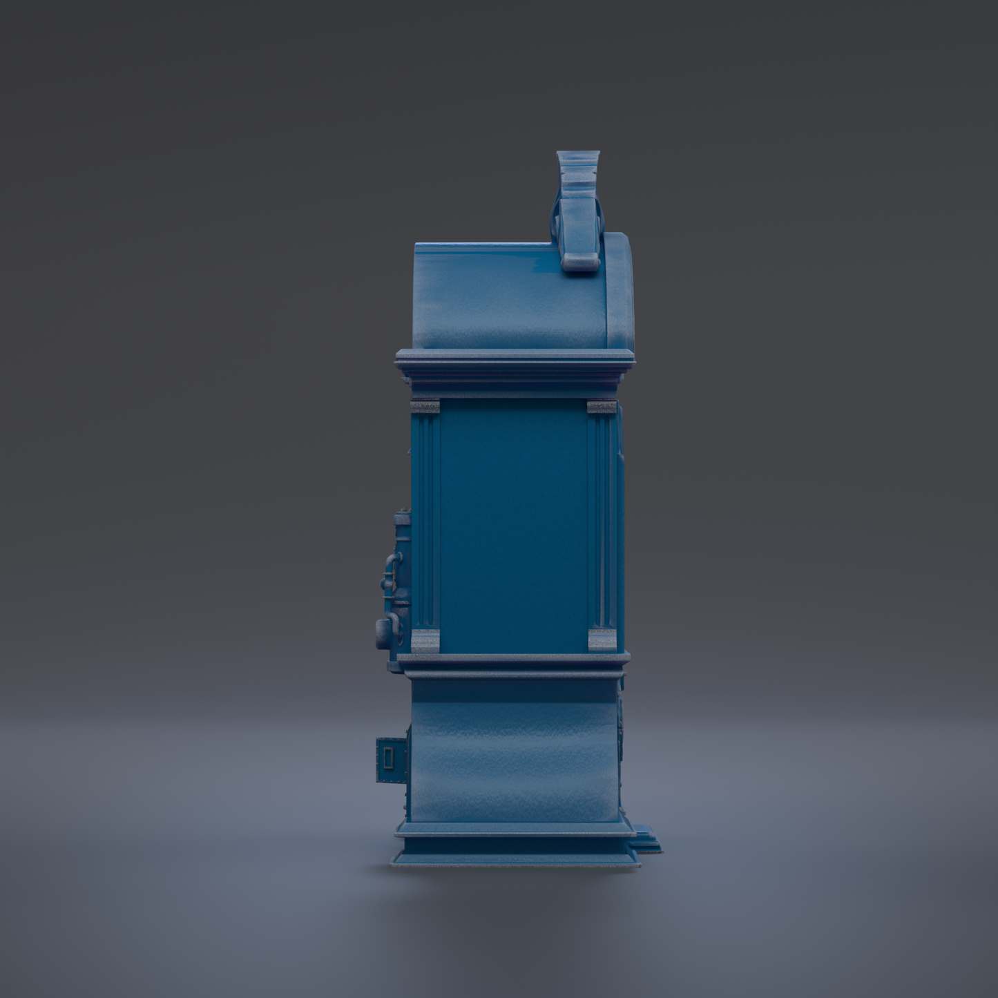 A blue, three-dimensional object resembling a small, rectangular structure with a pointed top, standing alone against a dark background.