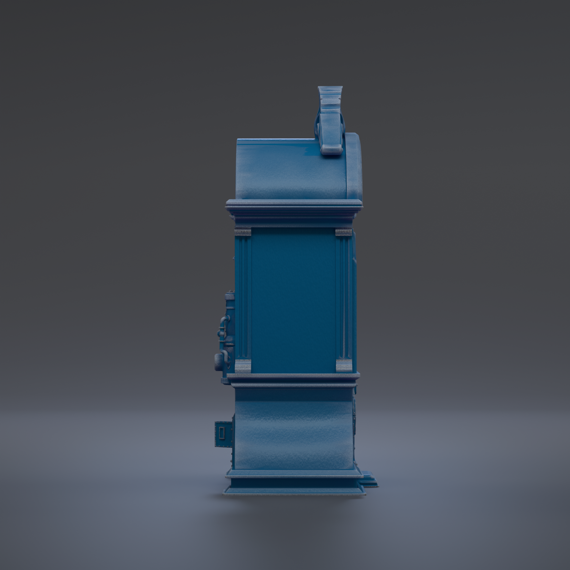 A blue, three-dimensional object resembling a small, rectangular structure with a pointed top, standing alone against a dark background.