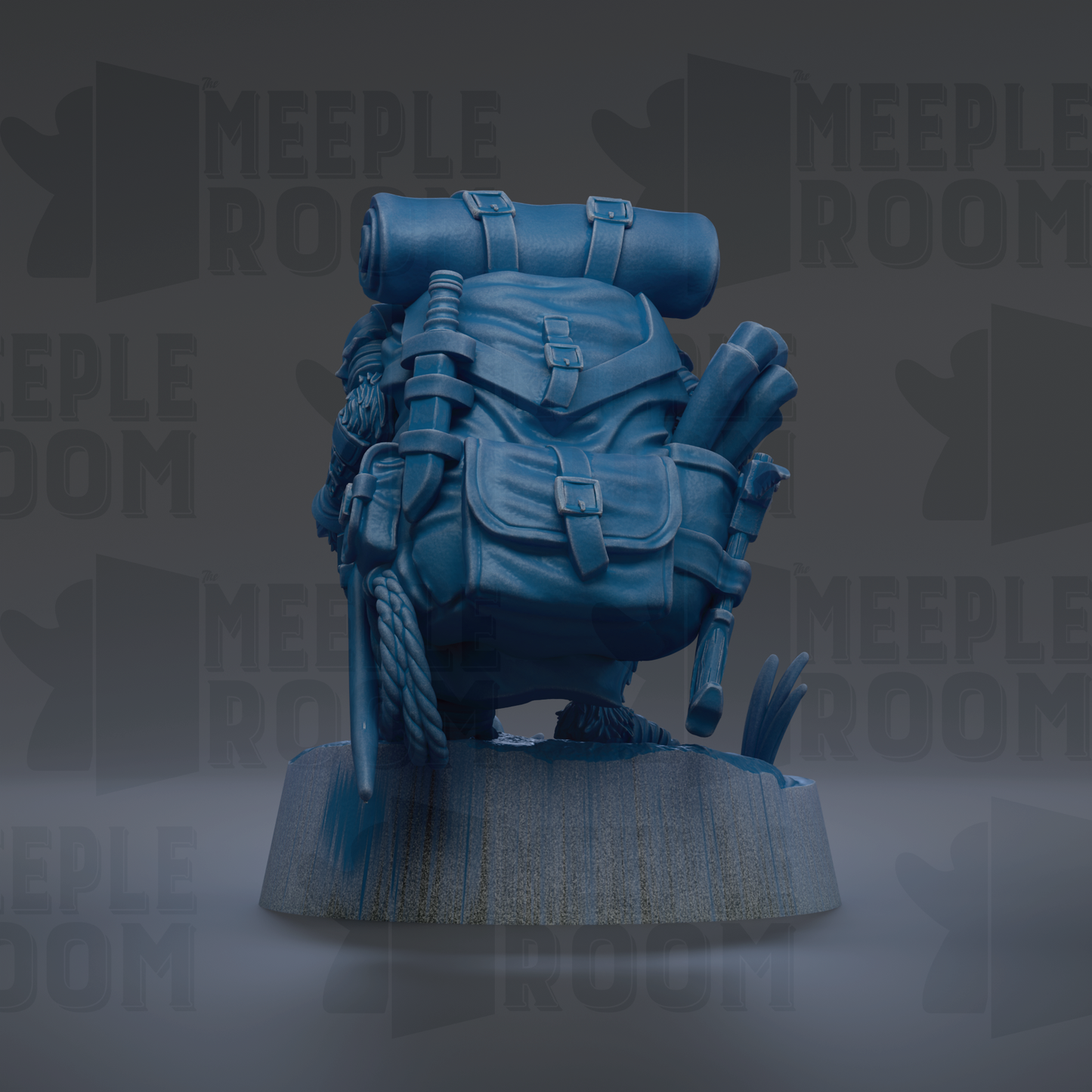 A blue backpack with various items attached to it, including a sleeping bag, a walking stick, and a water bottle, is displayed against a dark background with the text "MEUPLE ROOM" repeated multiple times.