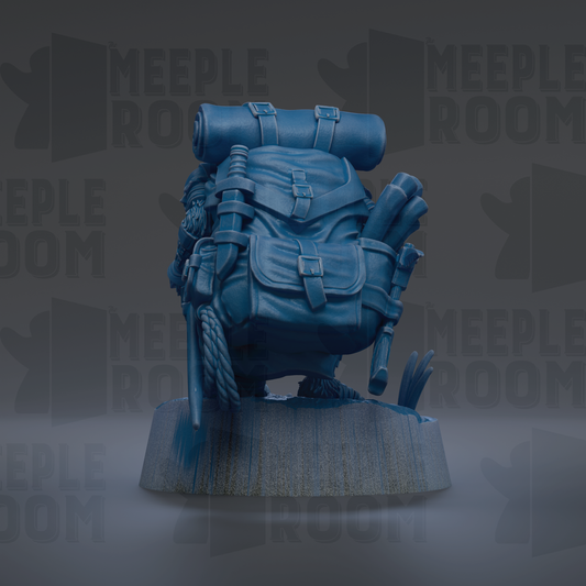 A blue backpack with various items attached to it, including a sleeping bag, a walking stick, and a water bottle, is displayed against a dark background with the text "MEUPLE ROOM" repeated multiple times.