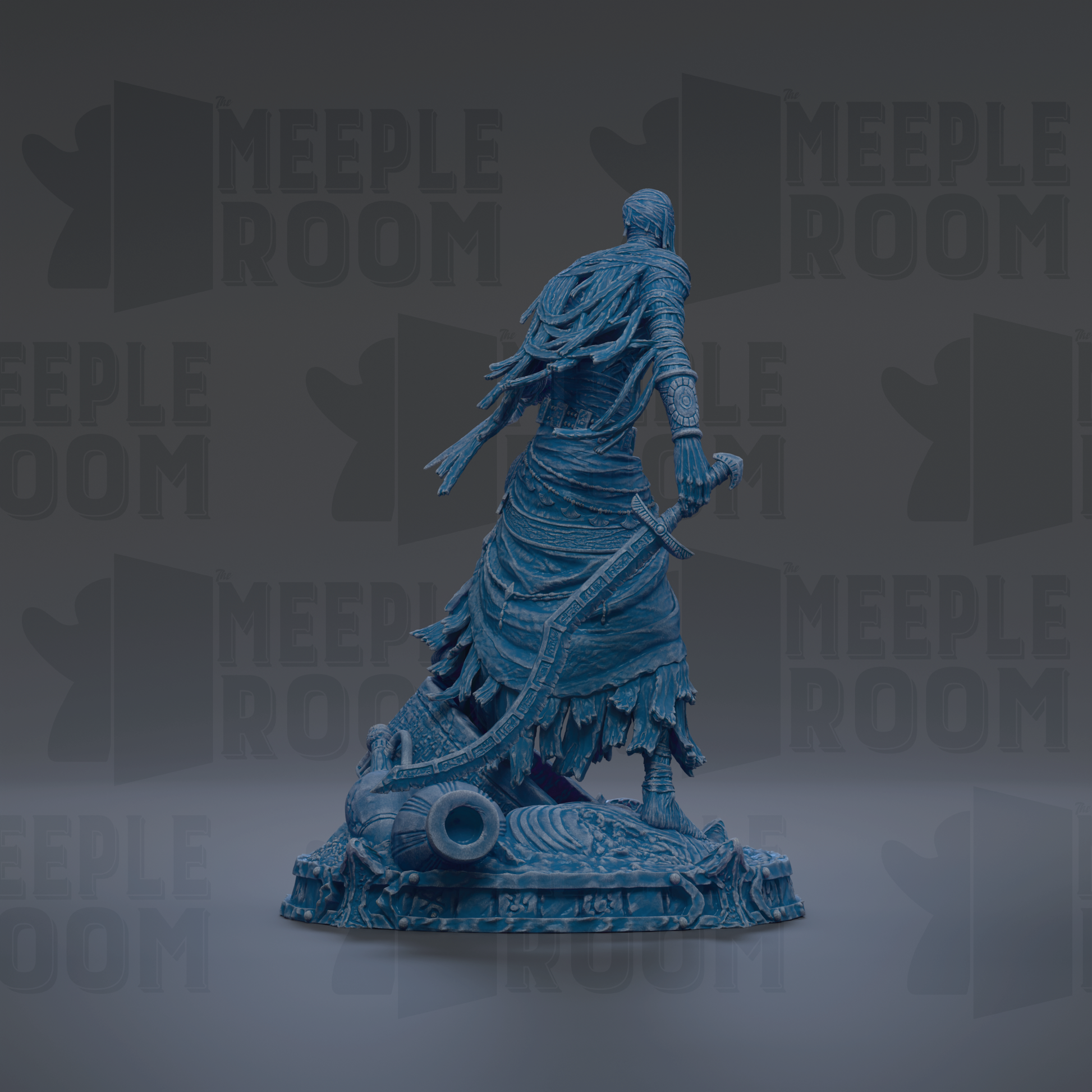 A blue statue of a figure with a flowing robe and a sword stands against a dark background with repeated "MEPLE ROOM" text.