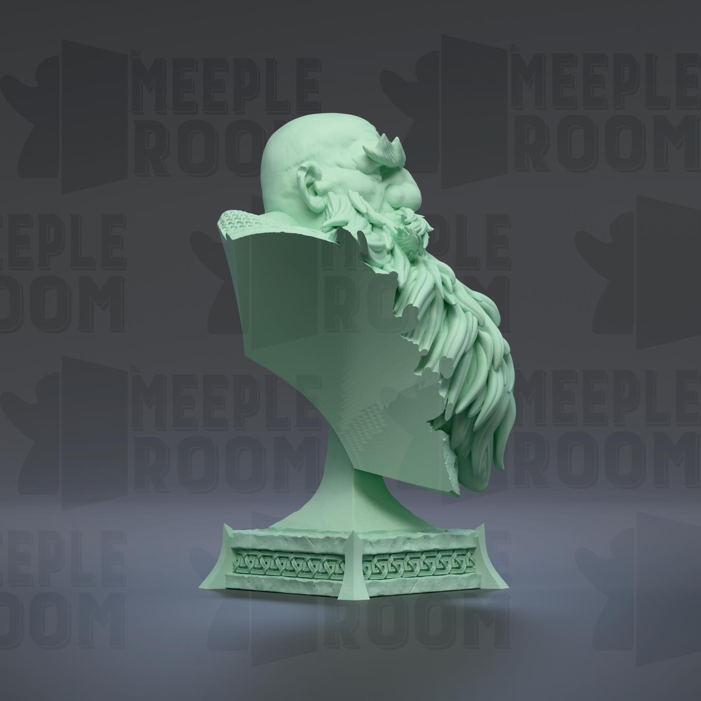 A green bust sculpture with a large head and a long beard, displayed against a dark background with repeated text.