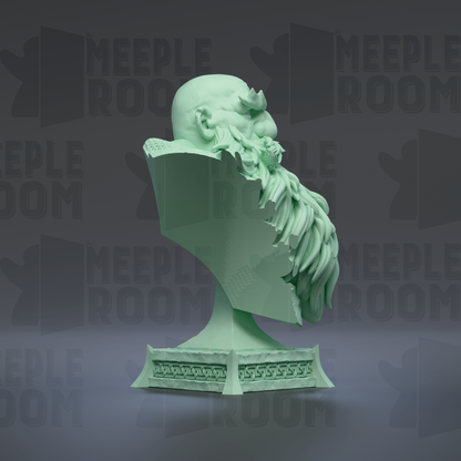 A green bust sculpture with a large head and a long beard, displayed against a dark background with repeated text.