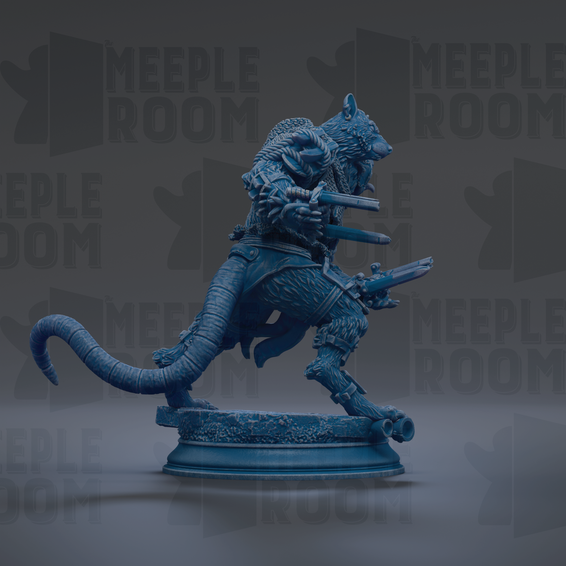 A blue statue of a fierce-looking creature with a long tail, holding weapons and standing on a pedestal.