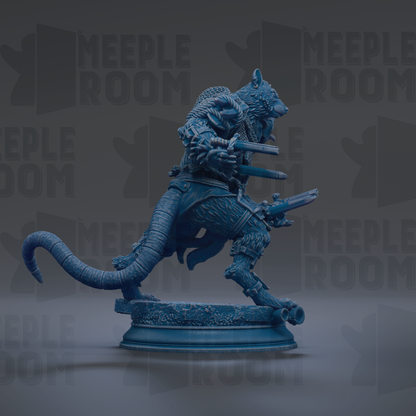A blue statue of a fierce-looking creature with a long tail, holding weapons and standing on a pedestal.