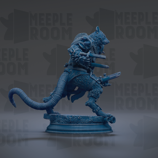 A blue statue of a fierce-looking creature with a long tail, holding weapons and standing on a pedestal.