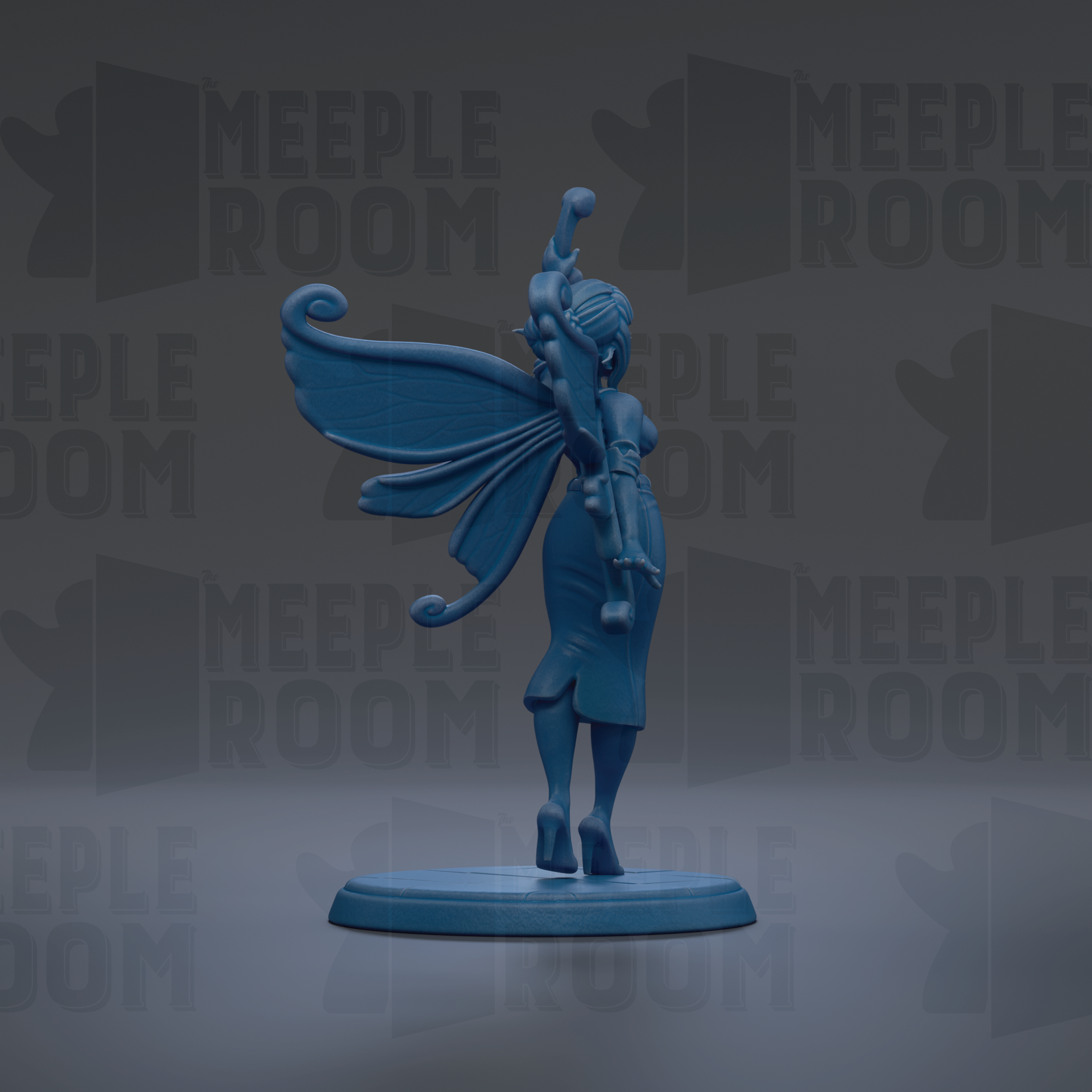 A blue fairy figurine with wings and a flowing dress stands on a blue base against a dark background with repeated text.