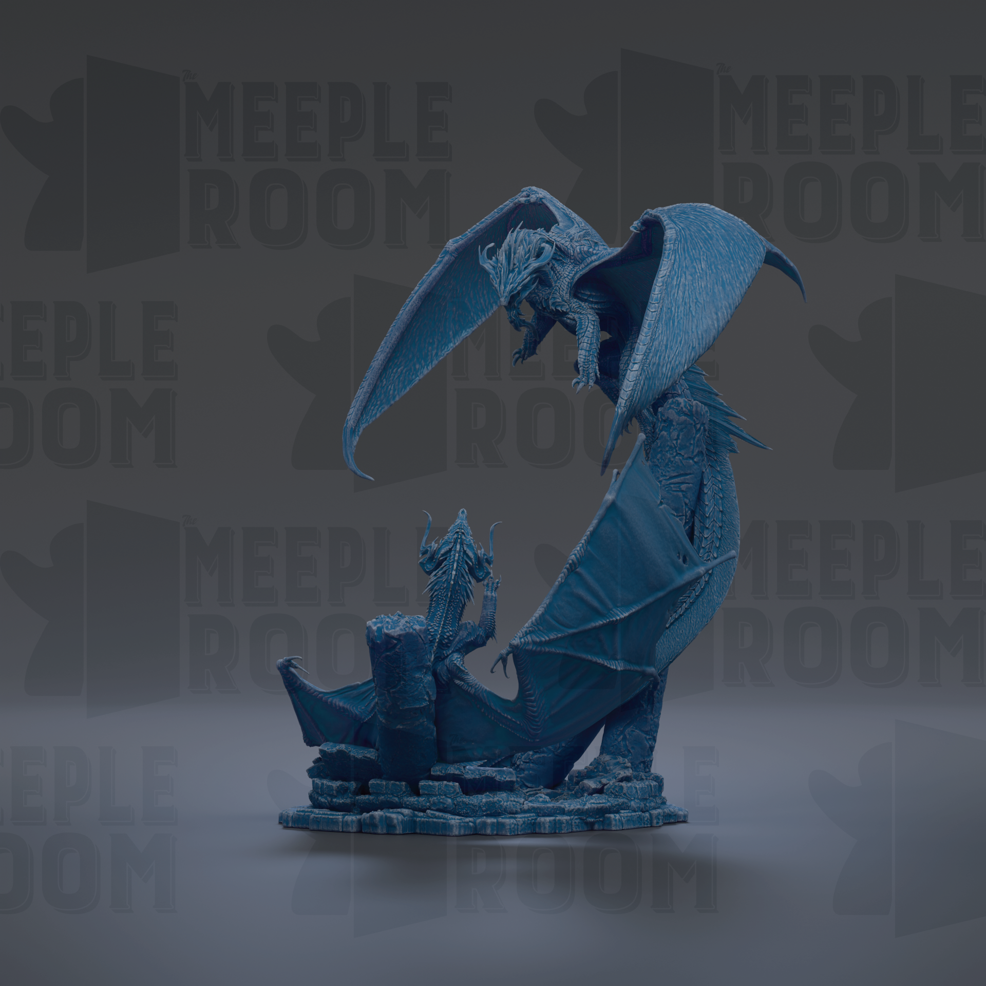 A blue dragon statue with wings spread, standing on a rock formation.