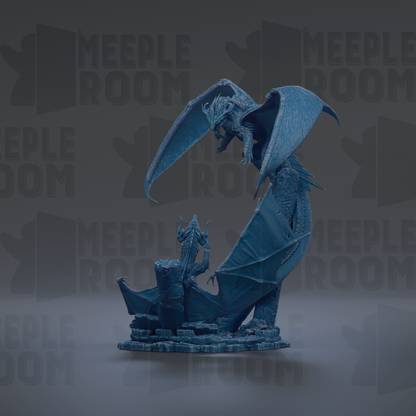 A blue dragon statue with wings spread, standing on a rock formation.
