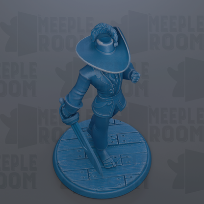 A blue figurine of a pirate standing on a wooden platform, holding a sword and wearing a hat.