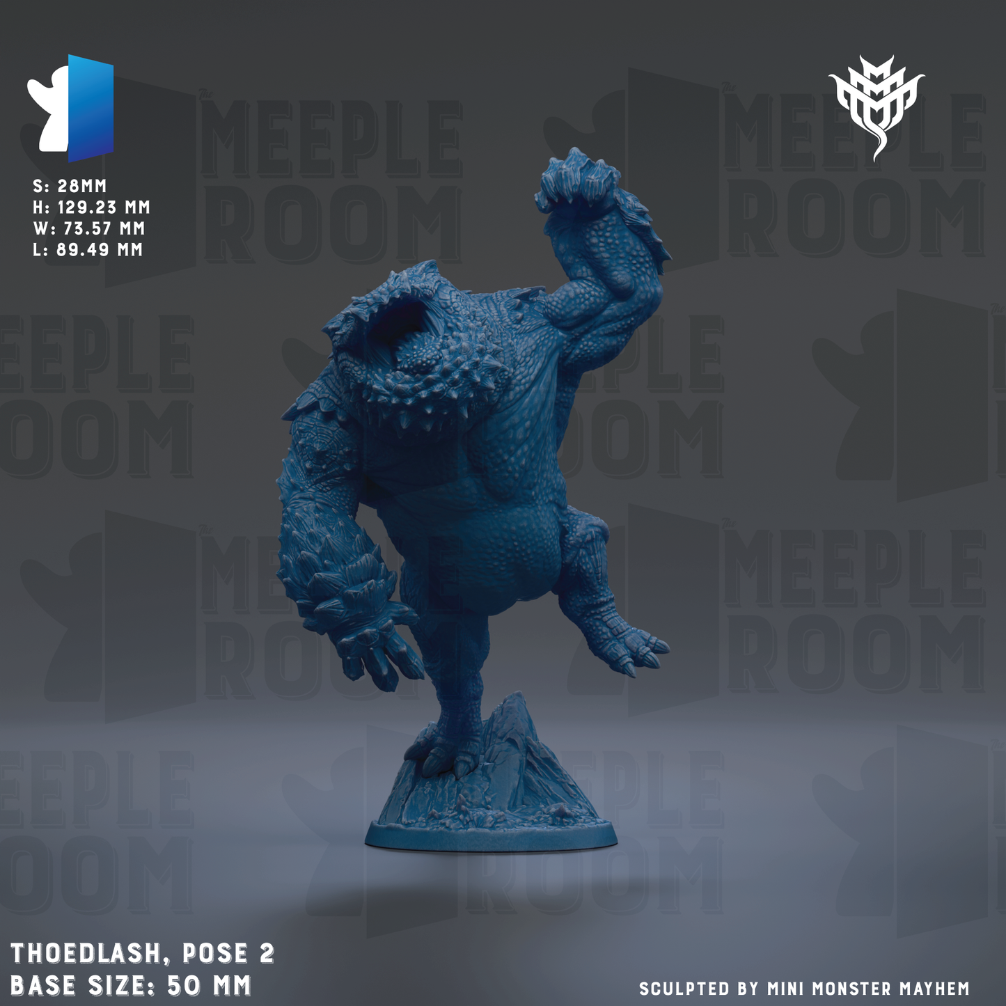a blue figurine of a creature with a large head and extended arms, standing on a base. The figurine is described as "THOEDLASH, pose 2" and "base sizes: 50 mm".