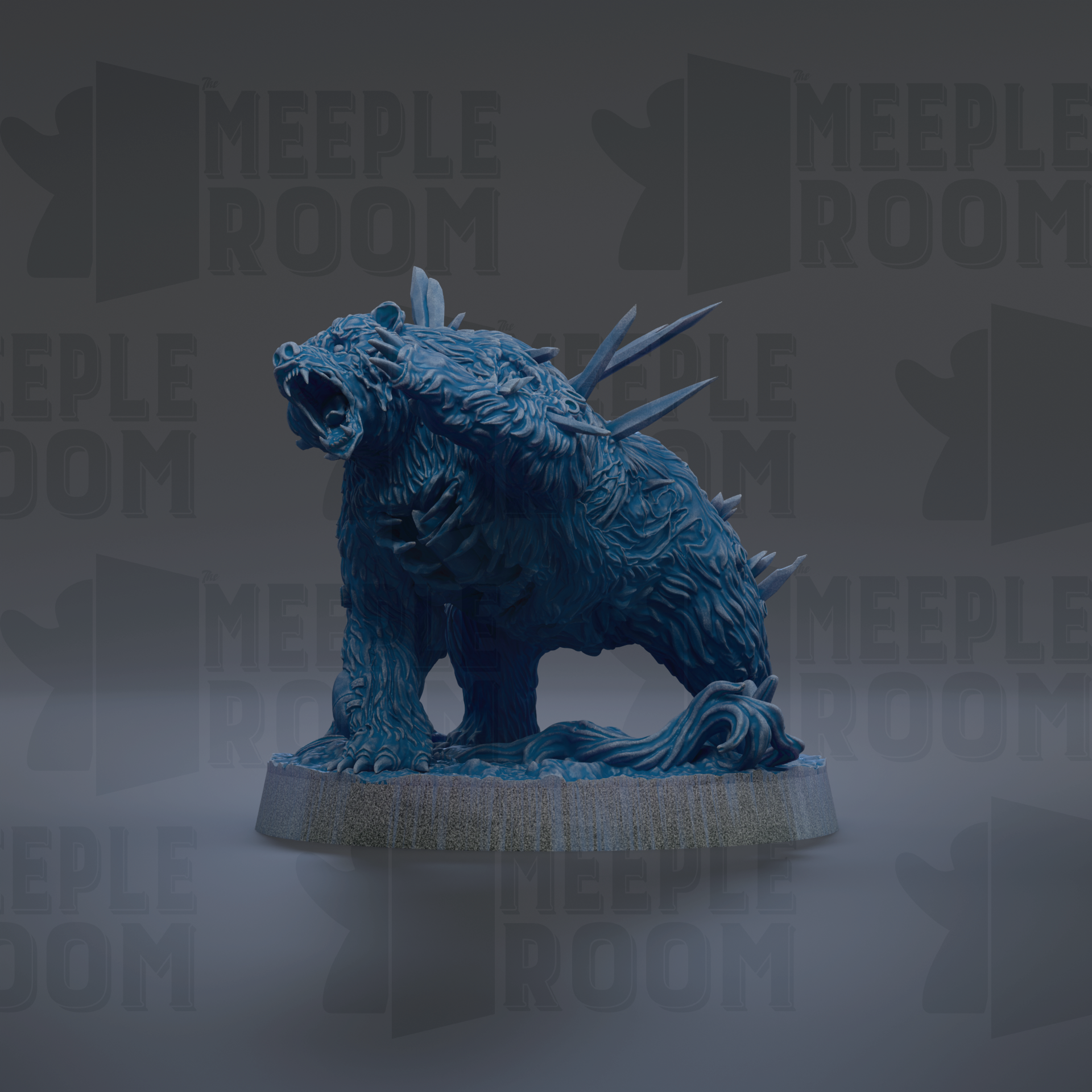 A 3D rendering of a blue, fierce-looking creature with sharp teeth and spikes, standing on a platform.