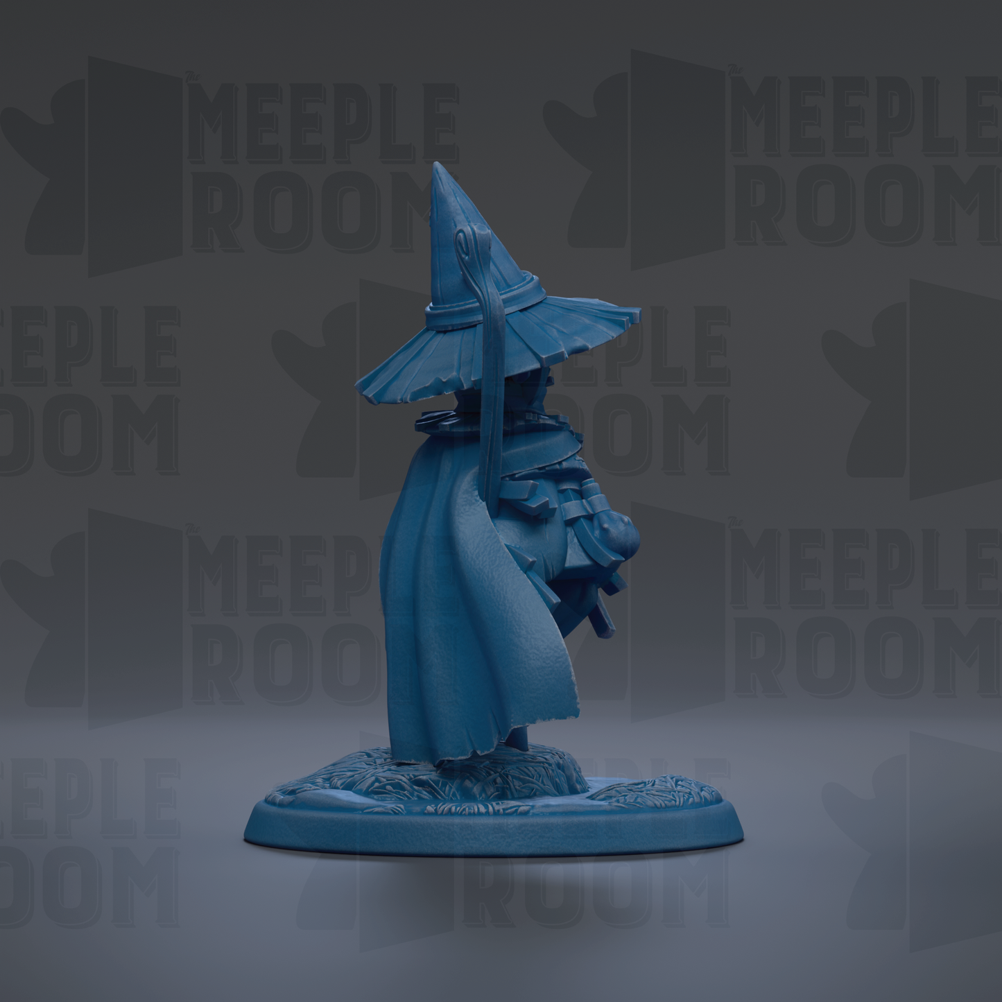 A blue figurine of a wizard or magical figure wearing a pointed hat and holding a staff, standing on a base.