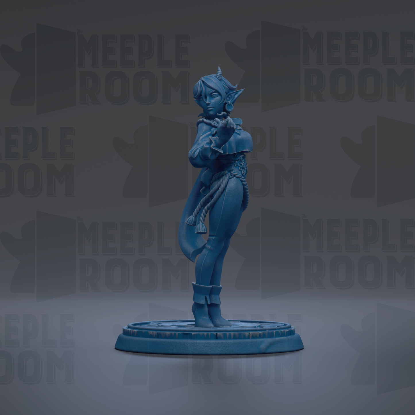 A blue figurine of a person standing on a base, with the text "MEUPLE ROOM" repeated in the background.