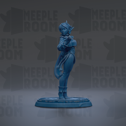 A blue figurine of a person standing on a base, with the text "MEUPLE ROOM" repeated in the background.
