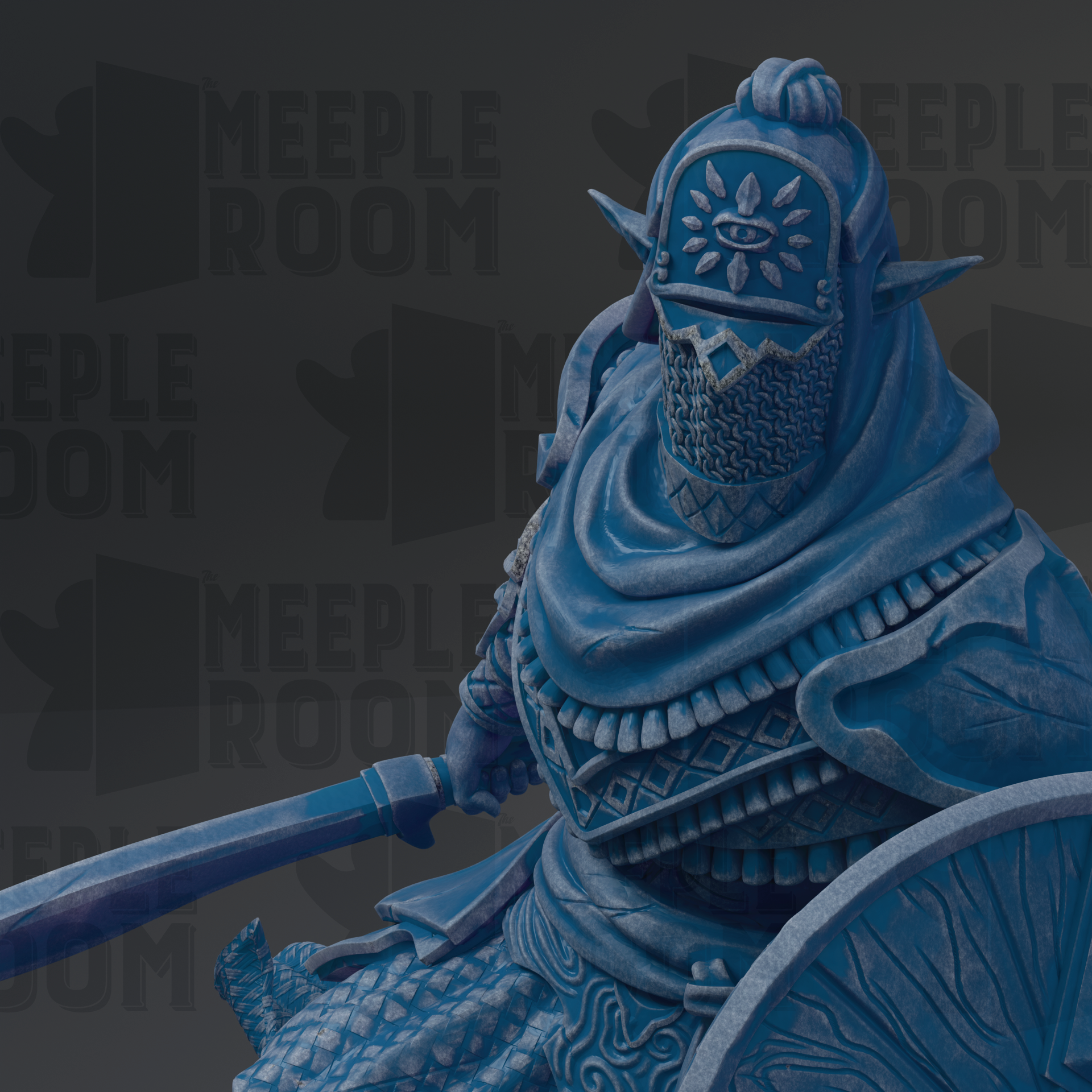 A detailed 3D rendering of a blue armored figure holding a sword, with intricate designs and patterns on the armor and a mask covering the face.