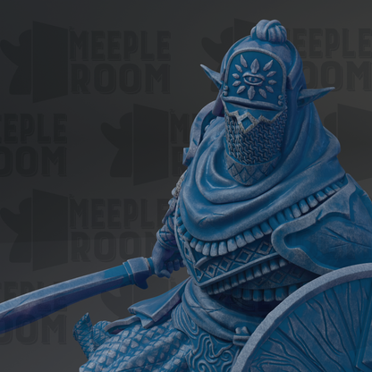 A detailed 3D rendering of a blue armored figure holding a sword, with intricate designs and patterns on the armor and a mask covering the face.