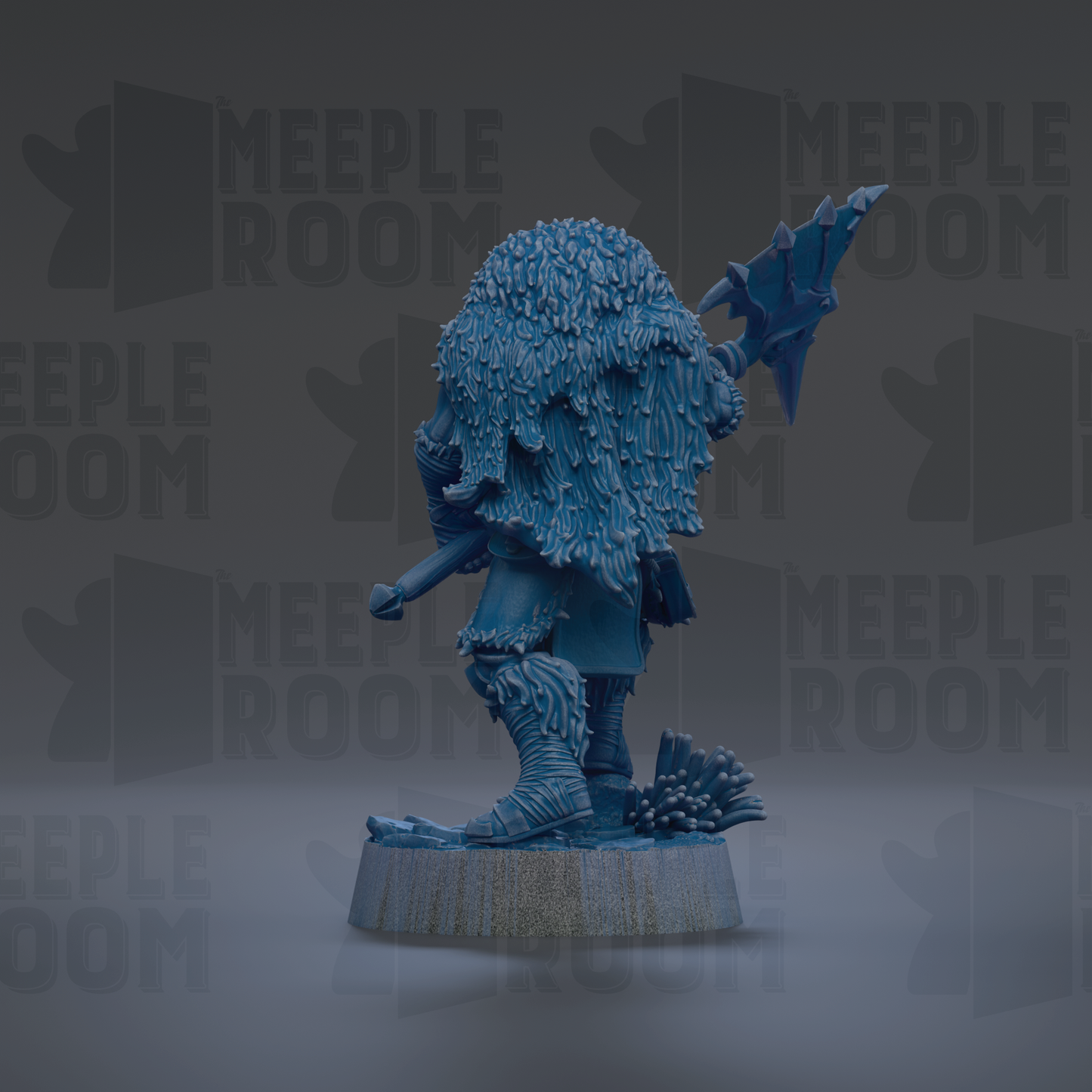 A 3D rendering of a blue, furry figurine with a pointed hat and a sword, standing on a platform.