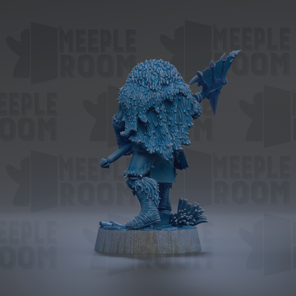 A 3D rendering of a blue, furry figurine with a pointed hat and a sword, standing on a platform.