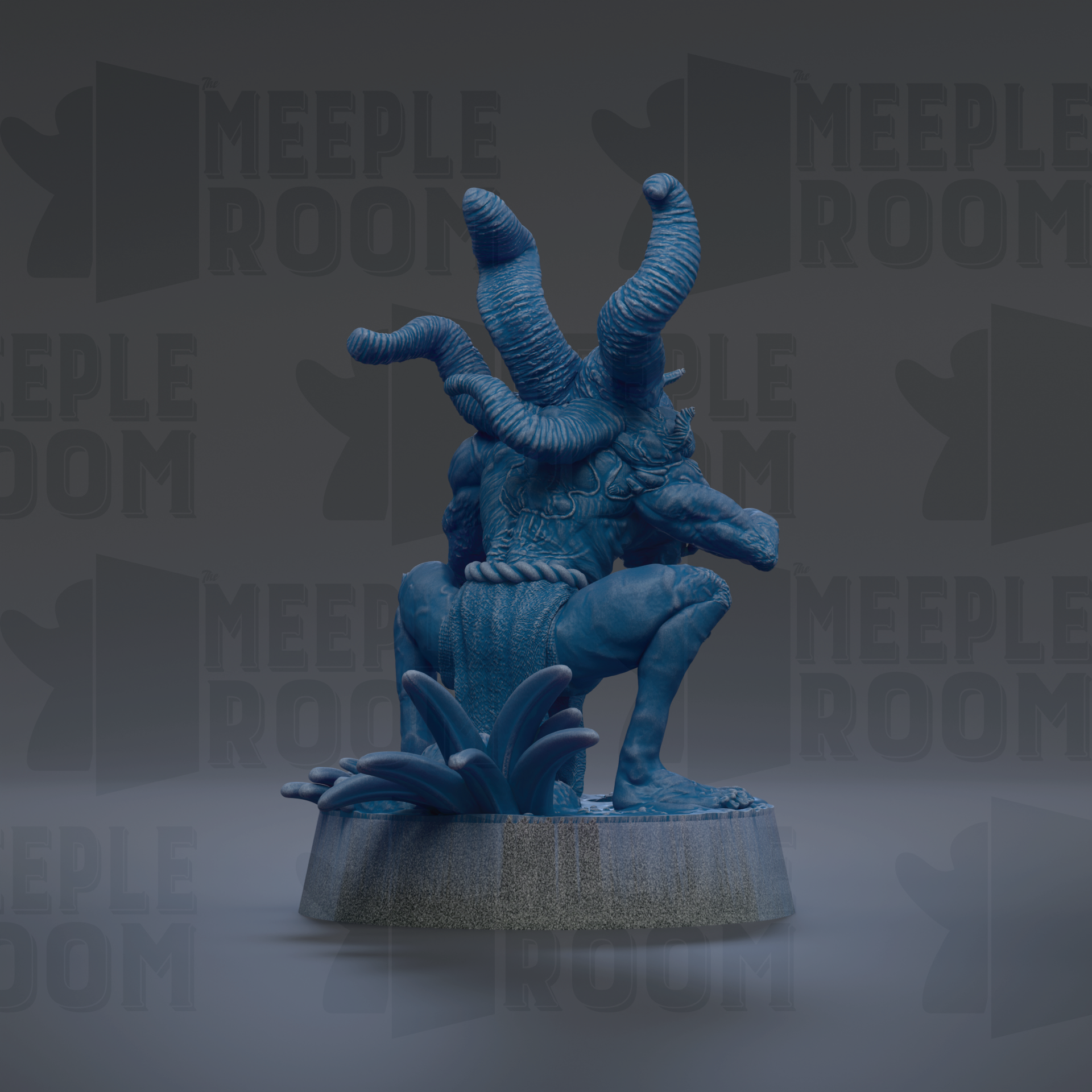 A blue statue of a mythical creature with large, curved horns and a fierce expression, sitting on a pedestal against a dark background with repeated text.