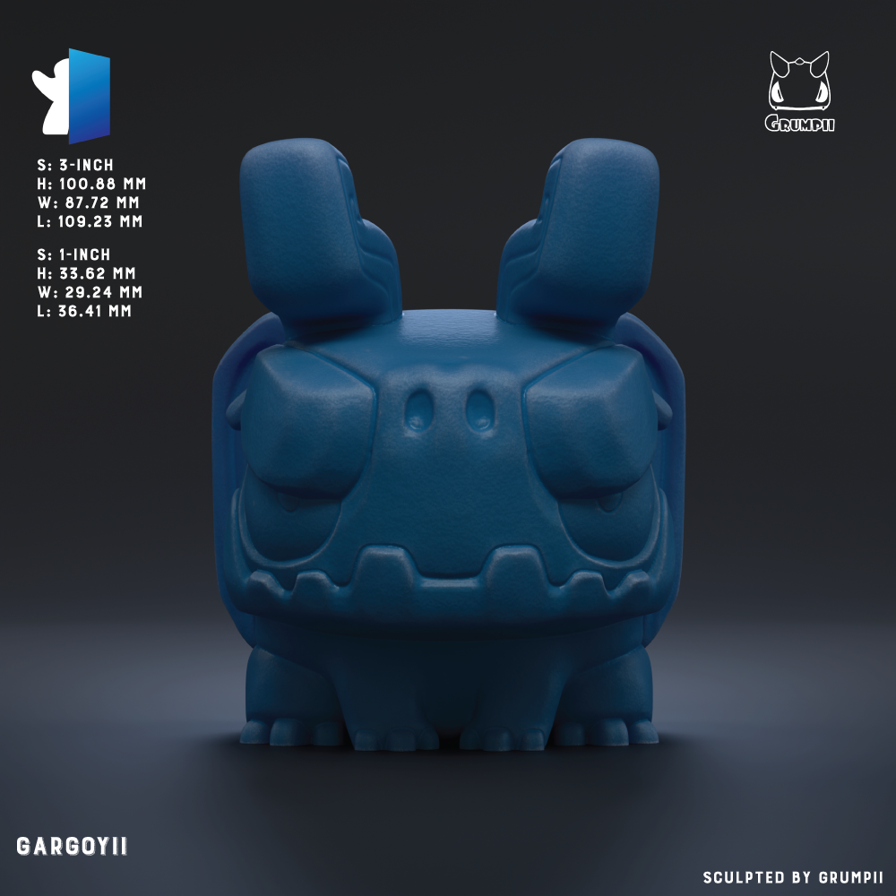 A 3D rendering of a blue, cartoonish-looking creature with large ears and a wide smile, sitting on a dark surface.