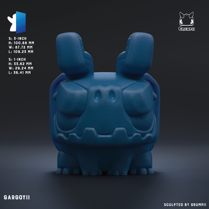 A 3D rendering of a blue, cartoonish-looking creature with large ears and a wide smile, sitting on a dark surface.