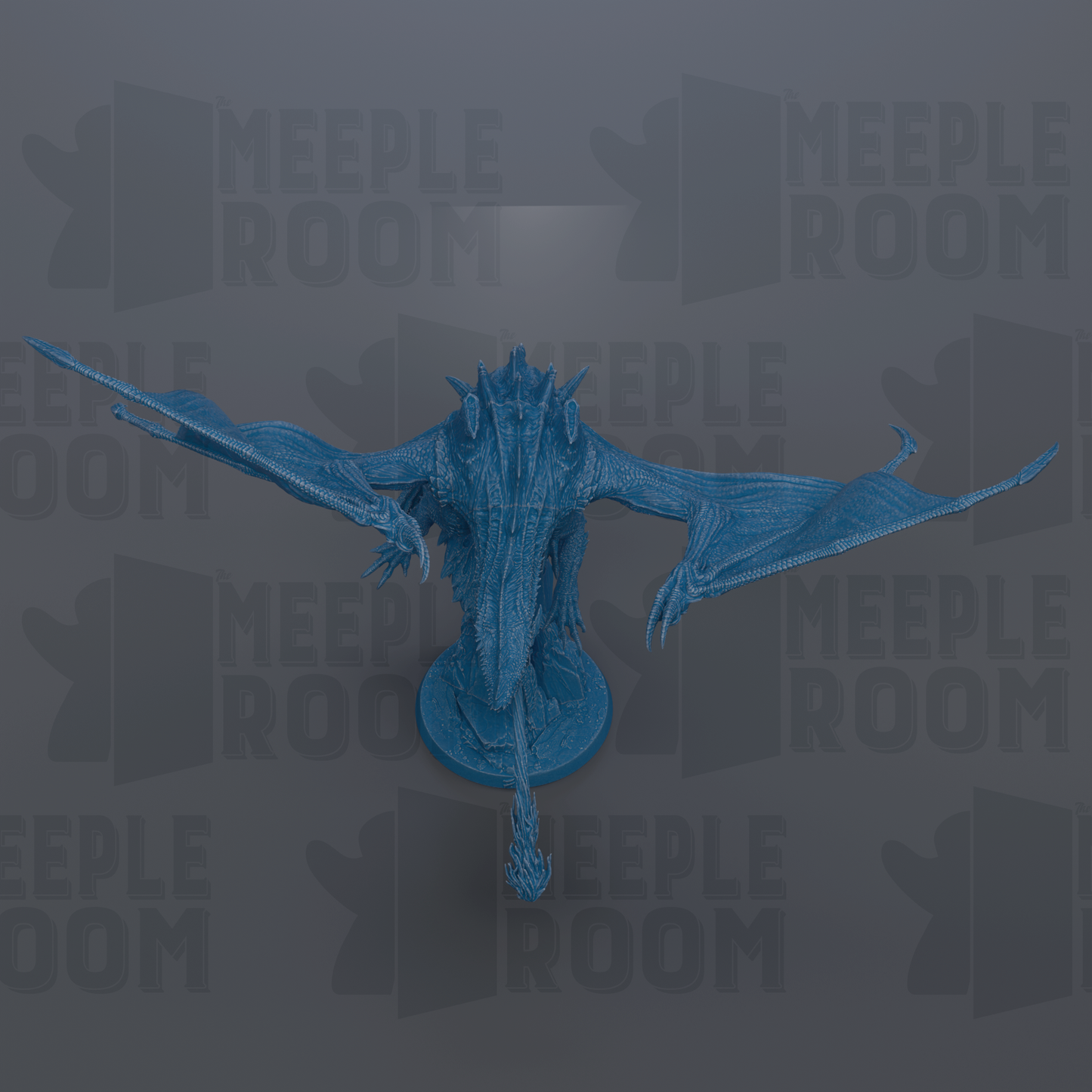 A blue dragon figurine is shown against a dark background with the text "MEIPLE ROOM" repeated multiple times.