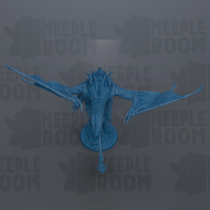A blue dragon figurine is shown against a dark background with the text "MEIPLE ROOM" repeated multiple times.