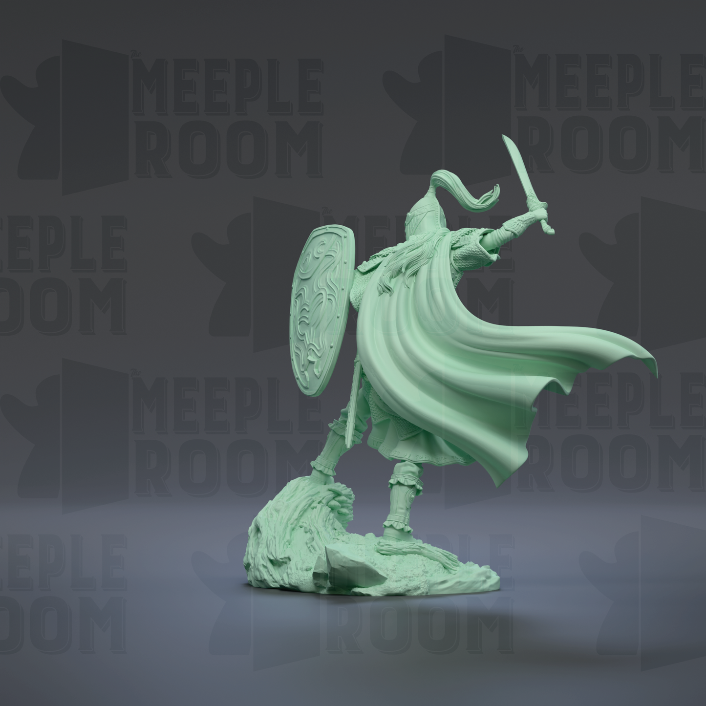 A green 3D model of a warrior figure, holding a shield and sword, standing on a rock formation against a dark background with repeated text.