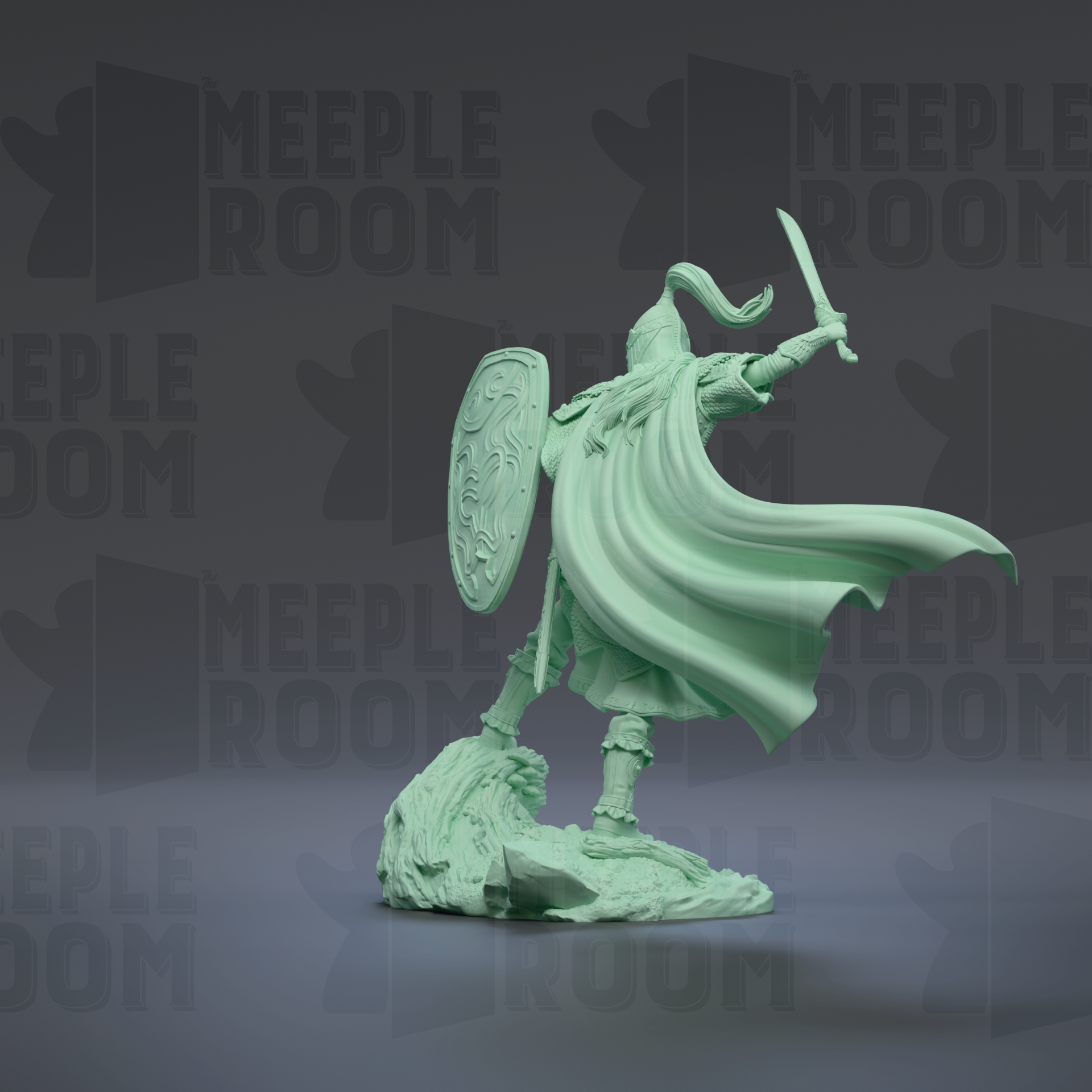 A green 3D model of a warrior figure, holding a shield and sword, standing on a rock formation against a dark background with repeated text.