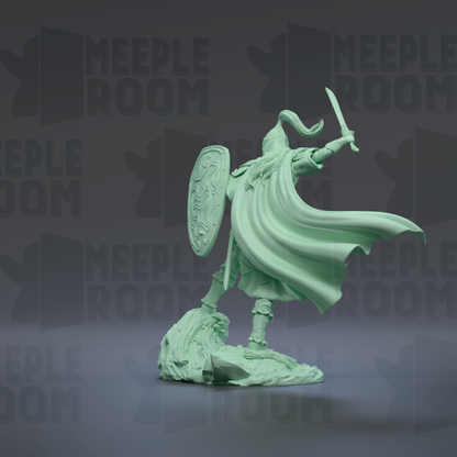 A green 3D model of a warrior figure, holding a shield and sword, standing on a rock formation against a dark background with repeated text.