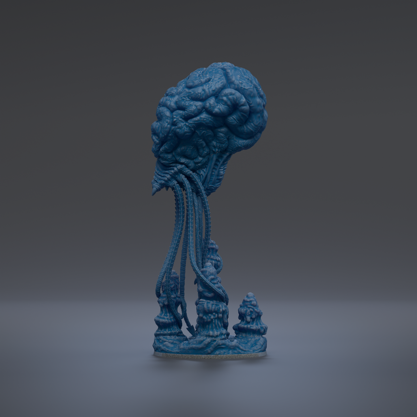 A blue, abstract sculpture resembling a brain or skull-like shape, with intricate details and a textured surface.