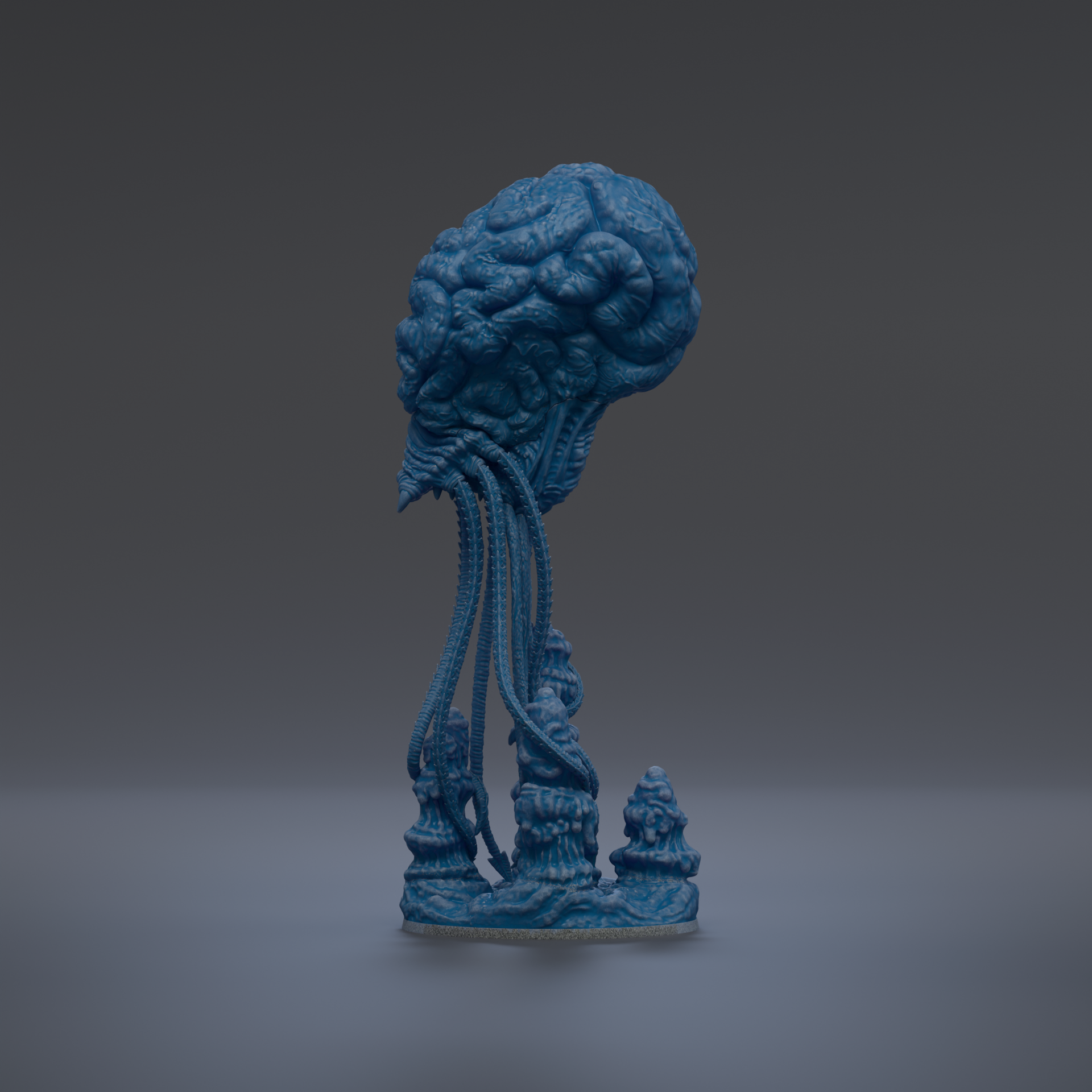 A blue, abstract sculpture resembling a brain or skull-like shape, with intricate details and a textured surface.