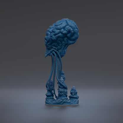 A blue, abstract sculpture resembling a brain or skull-like shape, with intricate details and a textured surface.