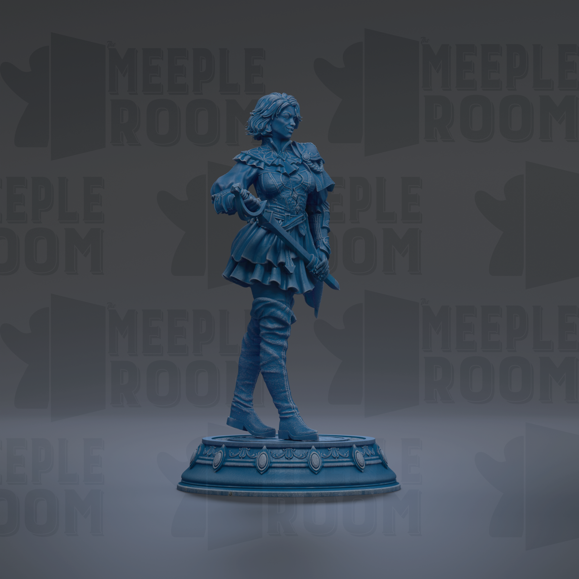 A blue statue of a woman standing on a pedestal against a dark background with repeated text.
