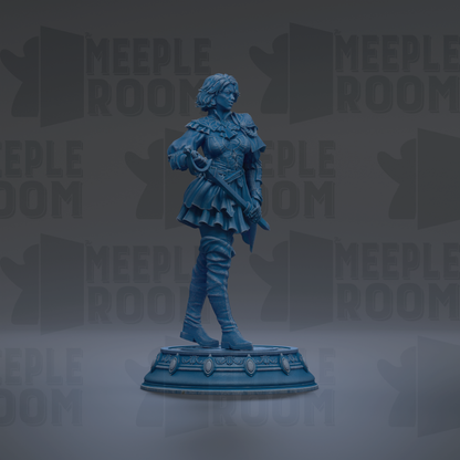 A blue statue of a woman standing on a pedestal against a dark background with repeated text.