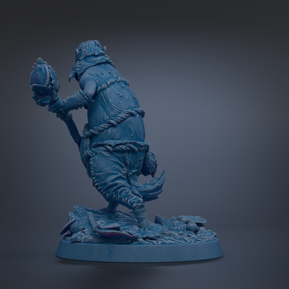 A blue, 3D-rendered statue of a fantastical creature with a large head, long neck, and a detailed, intricate design.