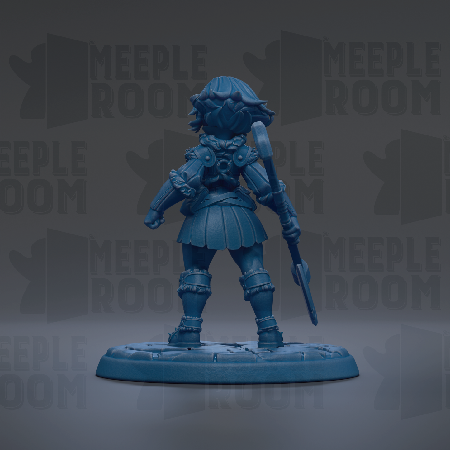 A blue figurine of a female character with a sword and shield, standing on a base against a dark background with repeated text.