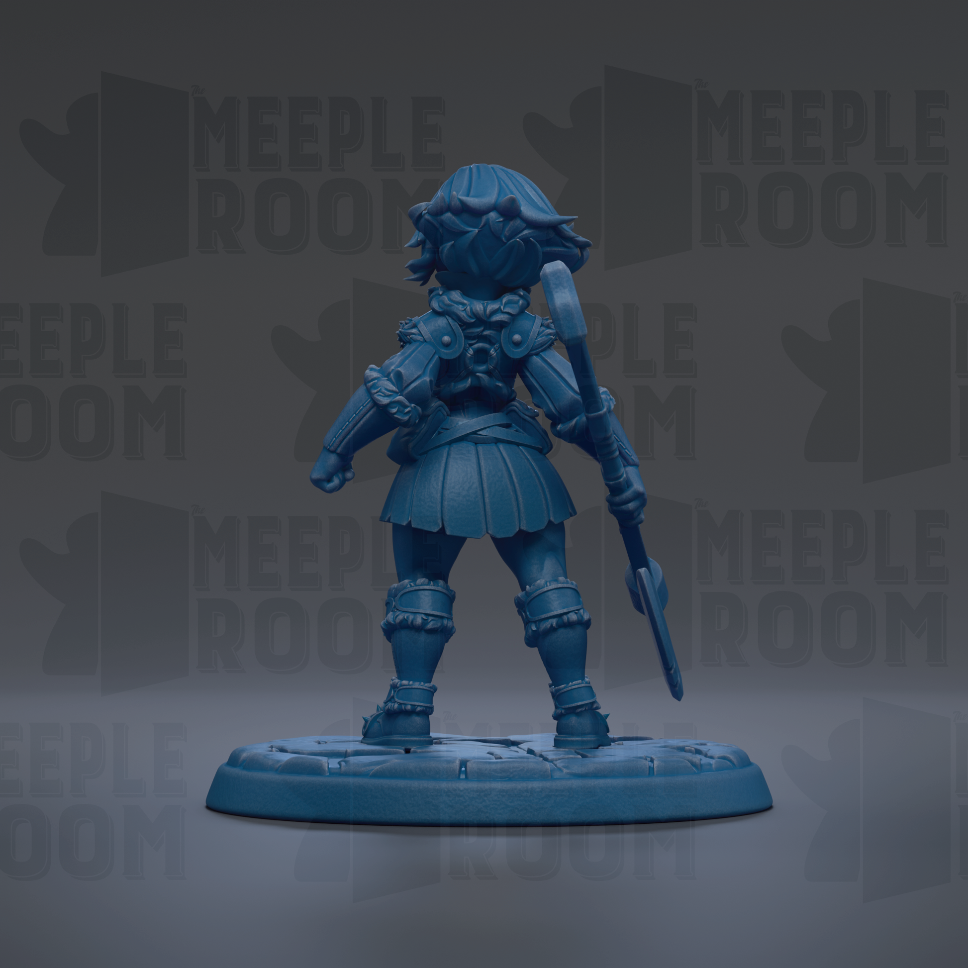 A blue figurine of a female character with a sword and shield, standing on a base against a dark background with repeated text.