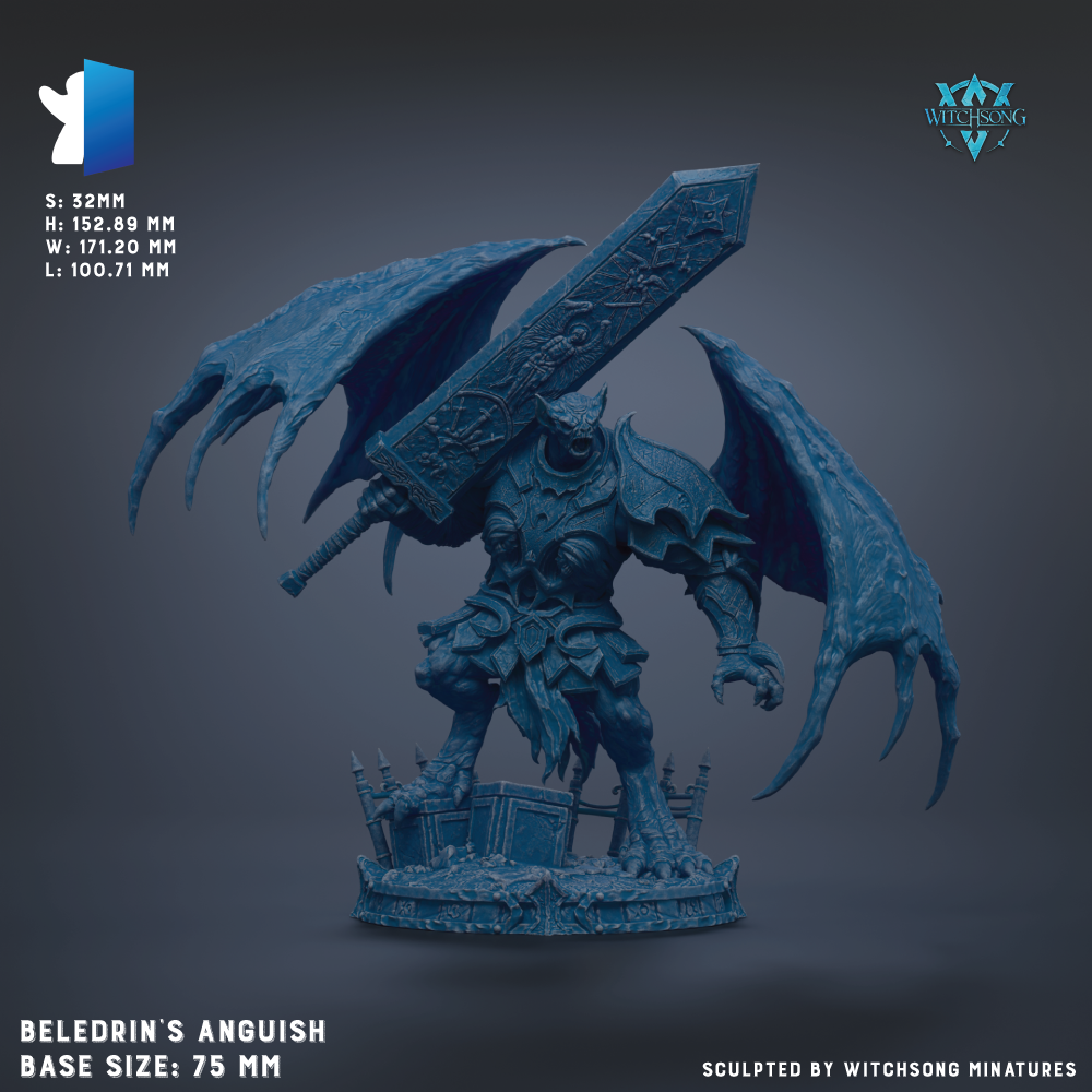 A detailed 3D model of a winged armored warrior figure, likely representing the character Beledrin's Anguish from the video game World of Warcraft. The figure is shown in a dynamic pose, wielding a large sword and standing on a platform. The image is described as a "base size: 75 mm" and is sculpted by Witch Songs Miniatures.
