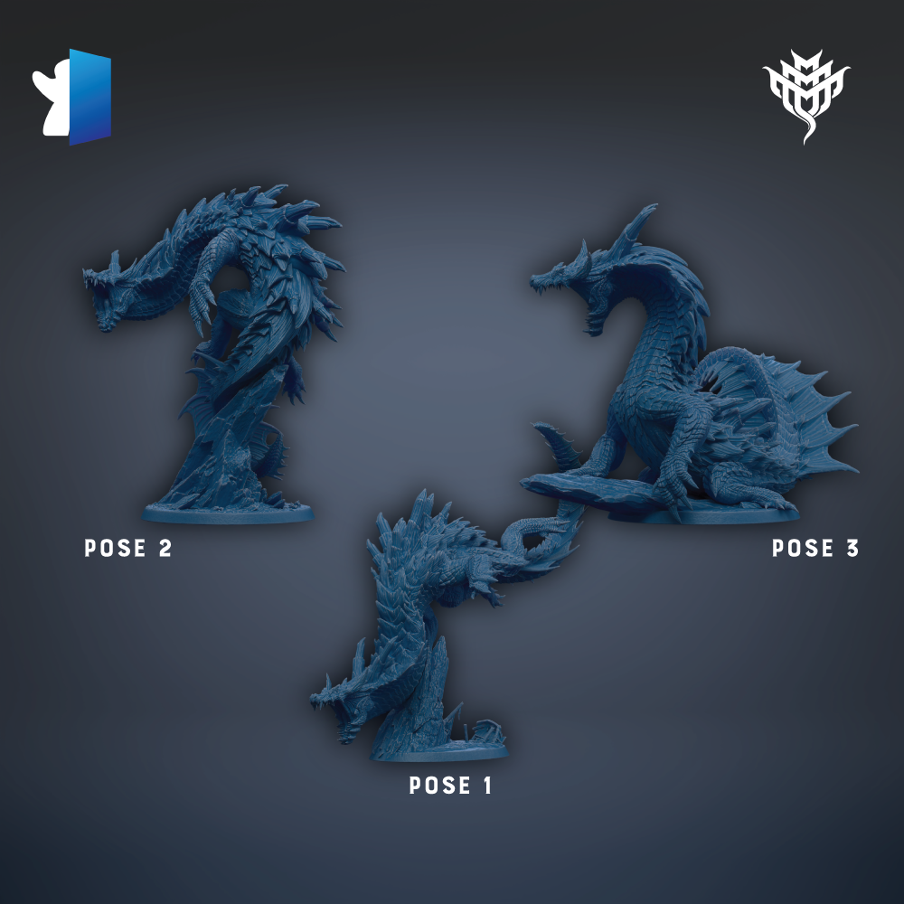 three blue dragon figurines, each in a different pose, arranged against a dark background.