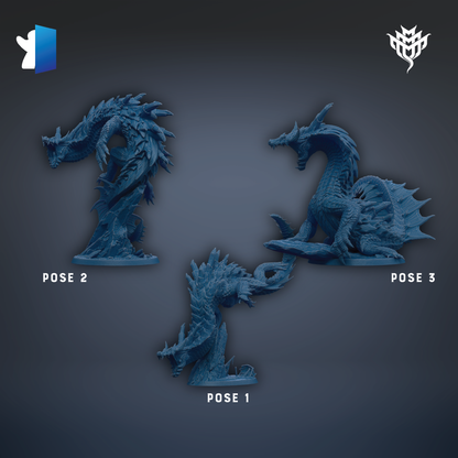 three blue dragon figurines, each in a different pose, arranged against a dark background.