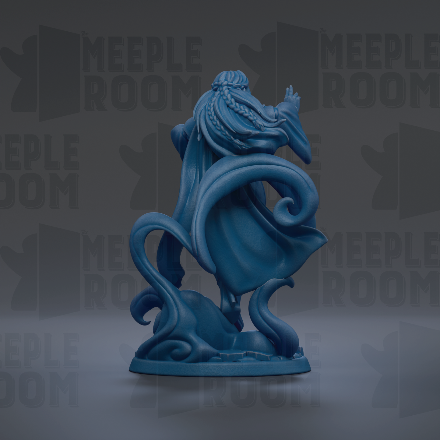 A blue figurine of a person with long hair and a flowing robe, standing on a rock and holding a staff, against a dark background with repeated text.