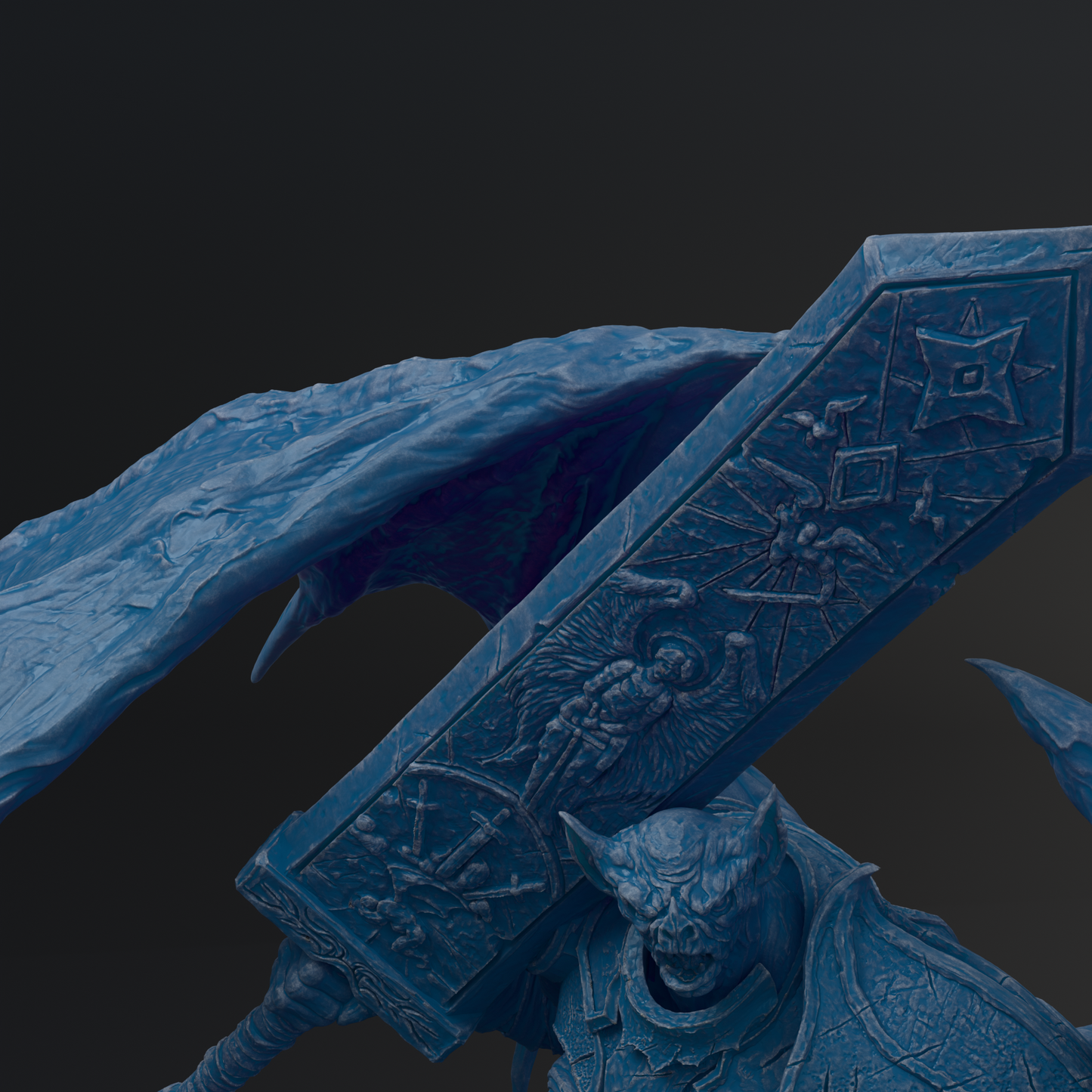 A detailed 3D rendering of a blue, winged creature with intricate carvings and designs on its body.