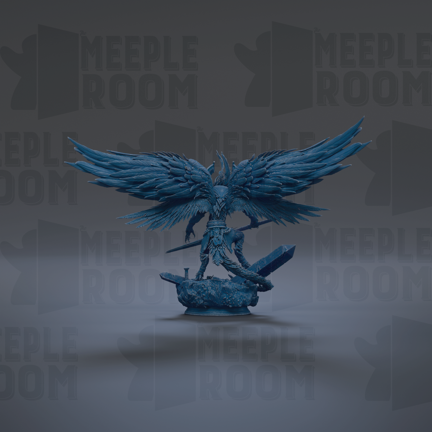 A blue winged statue with a sword stands against a dark background with repeated "MEIPLE ROOM" text.